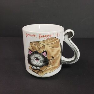 Vintage Brown‎ Baggin' it Cat Tail Handle Ceramic Coffee Mug White Grey Fluffy
